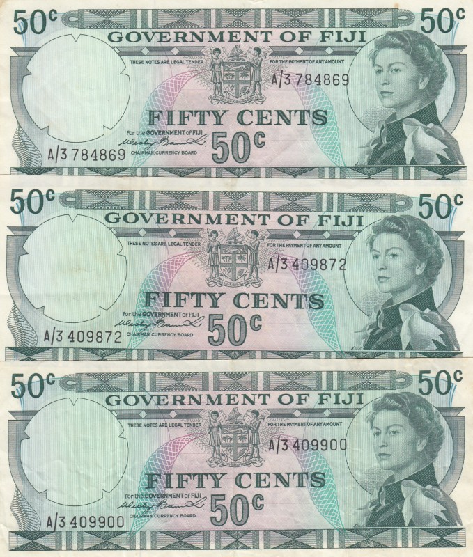 Fiji, 50 Cents, 1971,p64a, (Total 3 banknotes)
Portrait of Queen Elizabeth II, ...