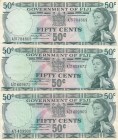 Fiji, 50 Cents, 1971,p64a, (Total 3 banknotes)
Portrait of Queen Elizabeth II, 50 Cents (2), XF; 50 Cents, VF
Serial Number: A/3 3409872, A/3 784869...