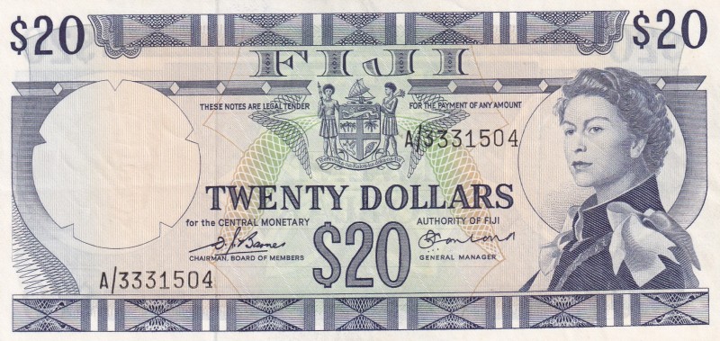 Fiji, 20 Dollars, 1974, AUNC,p75b

Serial Number: A/3 331504
Estimate: 300 - ...