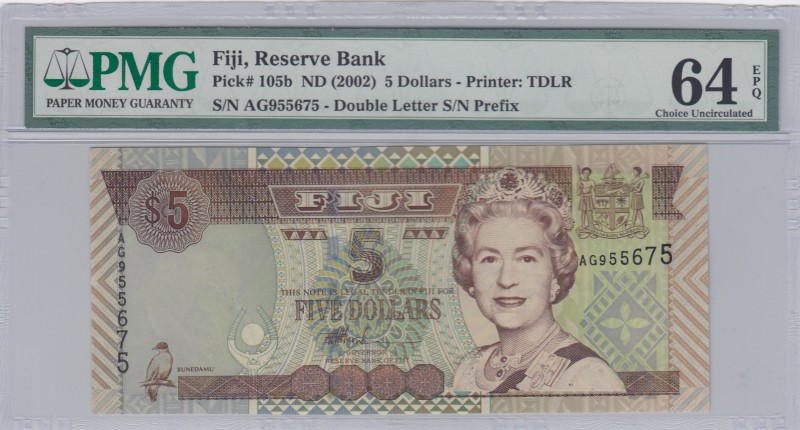 Fiji, 5 Dollars, 2002, UNC,p105b
PMG 64 EPQ, Portrait of Queen Elizabeth II
Se...