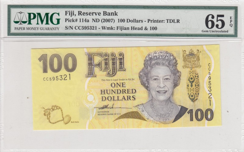 Fiji, 100 Dollars, 2007, UNC,p114a
PMG 65 EPQ, Portrait of Queen Elizabeth II
...