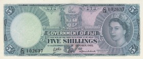 Fiji, 5 Shillings, 1965, AUNC,p51e
Portrait of Queen Elizabeth II, Have some stains-back side
Serial Number: C/14 102637
Estimate: 150 - 300 USD
