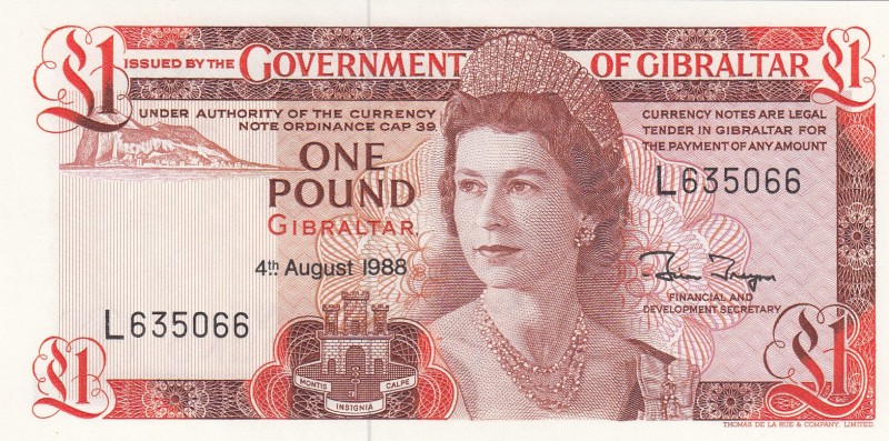 Gibraltar, 1 Pound, 1988, UNC,p20e
Queen II.Elizabeth potrait 
Serial Number: ...