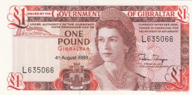 Gibraltar, 1 Pound, 1988, UNC,p20e
Queen II.Elizabeth potrait 
Serial Number: L635066
Estimate: 10 - 20 USD