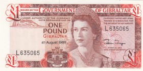 Gibraltar, 1 Pound, 1988, UNC,p20e
Queen II.Elizabeth potrait 
Serial Number: L635065
Estimate: 10 - 20 USD