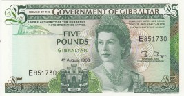 Gibraltar, 5 Pounds, 1988, UNC,p21b

Serial Number: E 851730
Estimate: 30 - 60 USD