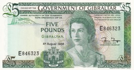 Gibraltar, 5 Pounds, 1988, UNC,p21b

Serial Number: E 846323
Estimate: 50 - 100 USD