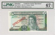 Gibraltar, 5 Pounds, 1975, UNC,p21CS1
PMG 67 EPQ, Collector Series SPECIMEN, Portrait of Queen Elizabeth II
Serial Number: 004042
Estimate: 50 - 10...