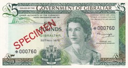Gibraltar, 5 Pounds, 1975, UNC,p21s, SPECİMEN

Serial Number: *000760
Estimate: 50 - 100 USD