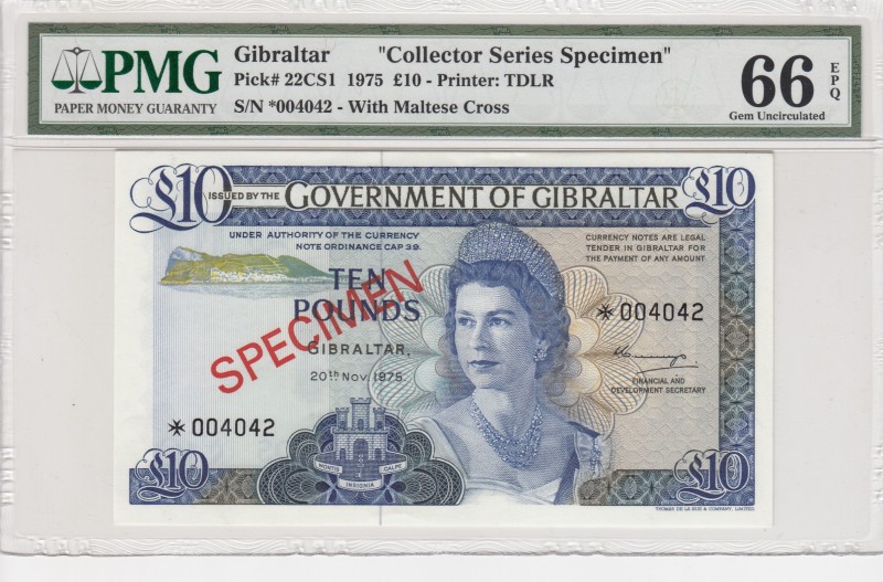 Gibraltar, 10 Pounds, 1975, UNC,p22CS1
PMG 66 EPQ, Collecter Series SPECIMEN, P...