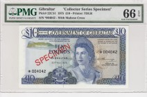 Gibraltar, 10 Pounds, 1975, UNC,p22CS1
PMG 66 EPQ, Collecter Series SPECIMEN, Portrait of Queen Elizabeth II
Serial Number: 004042
Estimate: 60 - 1...