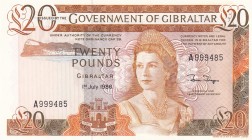 Gibraltar, 20 Pounds , 1986, UNC,p23c

Serial Number: A 999485
Estimate: 500 - 1000 USD
