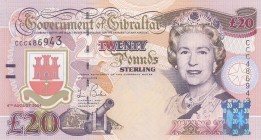 Gibraltar, 20 Pounds, 2004, UNC,p31
Queen II.Elizabeth potrait
Serial Number: CCC486943
Estimate: 60 - 120 USD