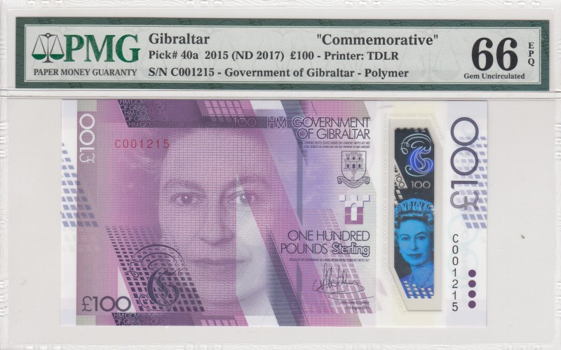 Gibraltar, 100 Pounds, 2015, UNC,p40a
PMG 66 EPQ
Serial Number: C001215
Estim...