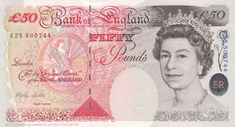 Great Britain, 50 Pounds, 1999, UNC,p388b
Queen II.Elizabeth potrait
Serial Nu...