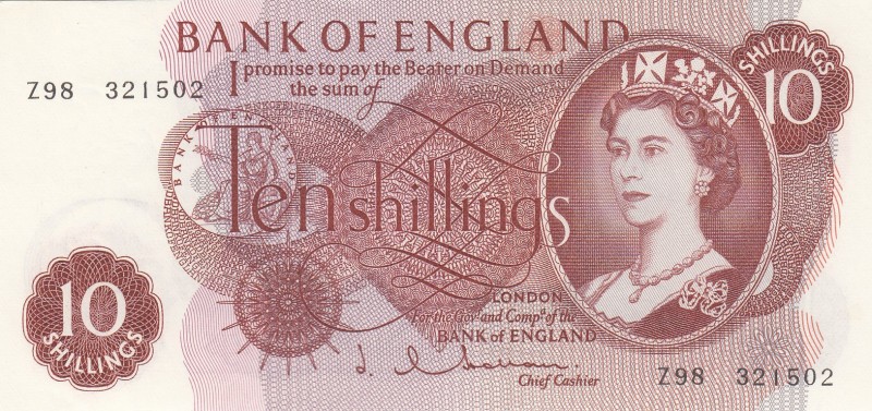 Great Britain, 10 Shillings, 1963, UNC,p373b
Sign: Hollom 
Serial Number: Z98 ...