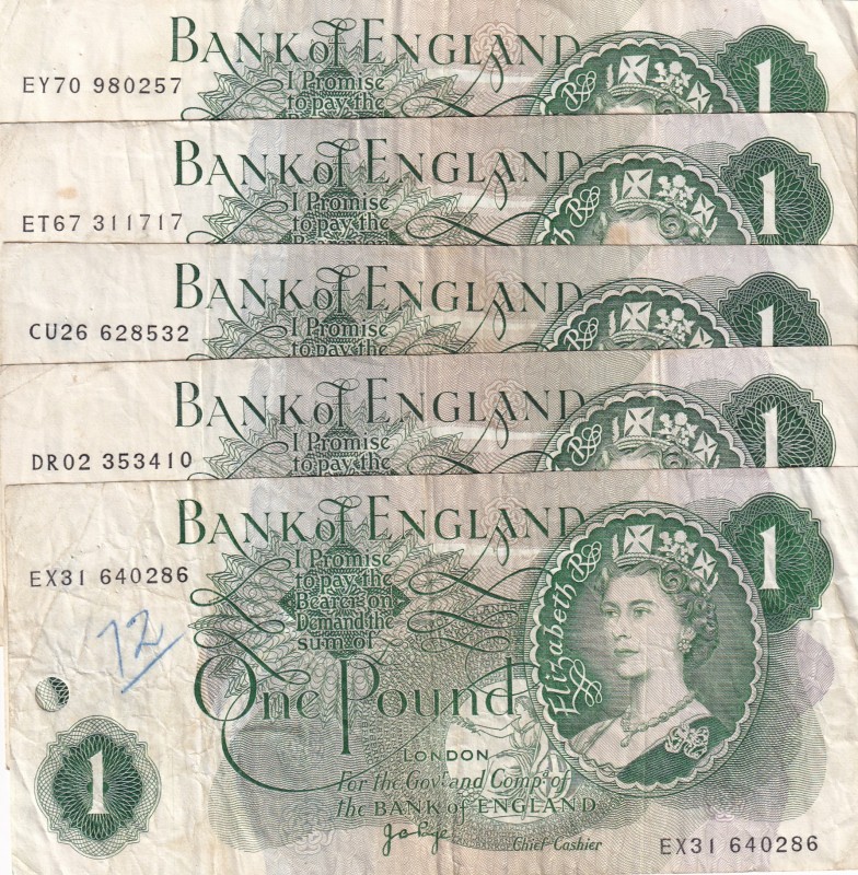 Great Britain, 1 Pound, 1970, VF,p374g, CANCELLED, (Total 5 banknotes)
Sign: Pa...