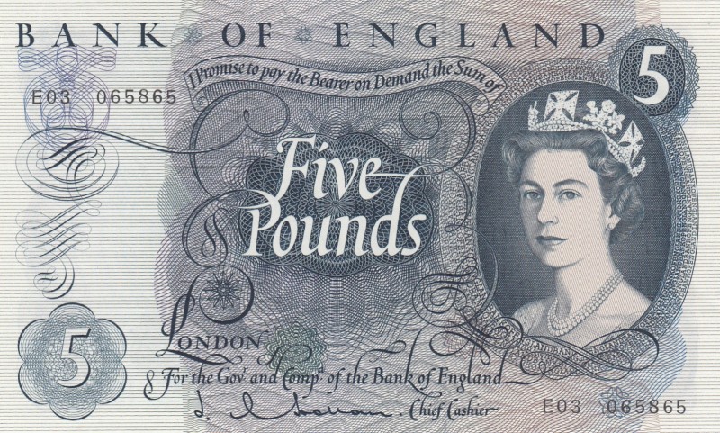 Great Britain, 5 Pounds, 1963, UNC,p375a
Sign: Hollom
Serial Number: E03 06586...