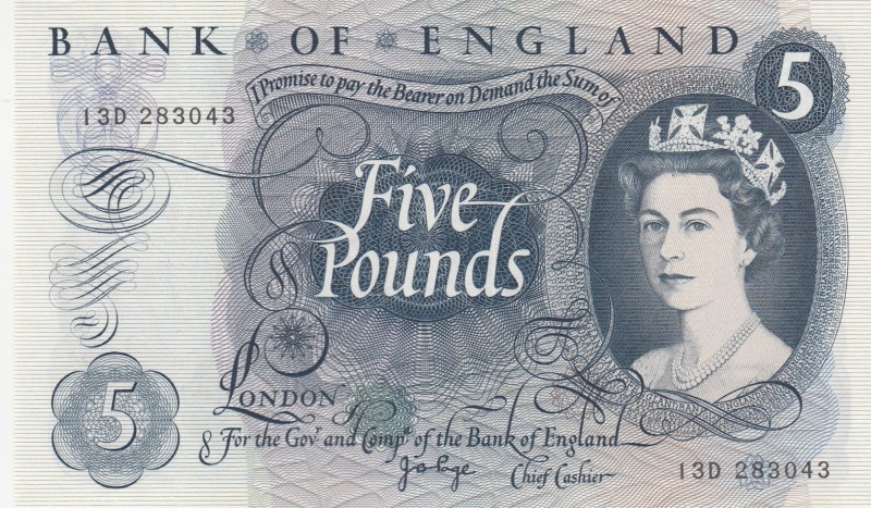 Great Britain, 5 Pounds, 1971, UNC,p375c
Sign: Page
Serial Number: 13D 283043...