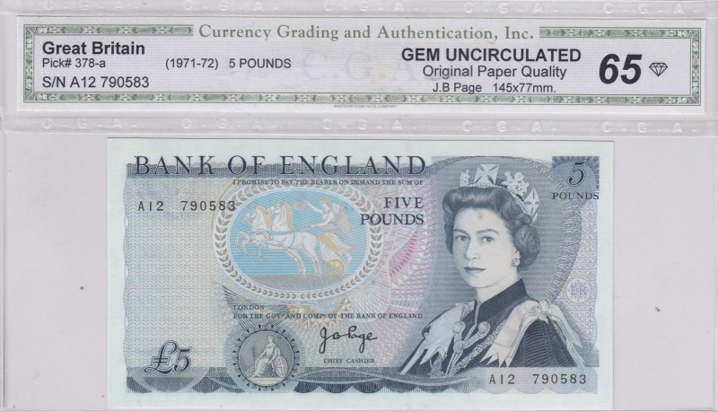 Great Britain, 5 Pounds, 1971, UNC,p378a
CGA 65, İmza: Page
Serial Number: A12...