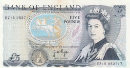 Great Britain, 5 Pounds, 1973, UNC,p378b, "EZ" Last prefix
Sign: Page
Serial Number: EZ15 052717
Estimate: 50 - 100 USD