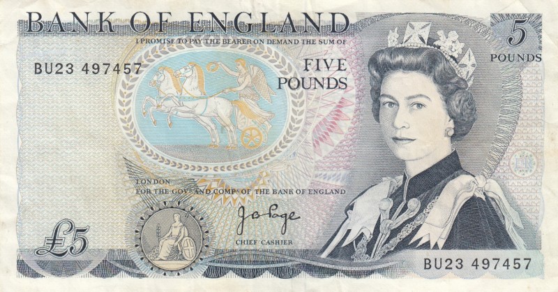 Great Britain, 5 Pounds, 1973, VF,p378b
Sign: Page
Serial Number: BU23 497457...