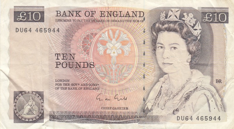 Great Britain, 10 Pounds, 1988, VF,p379e
Sign: Gill
Serial Number: DU64 465944...