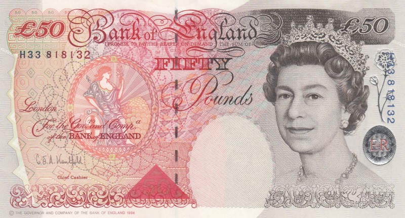 Great Britain, 50 Pounds , 1994, UNC,p388a
Sign: Kentfield
Serial Number: H33 ...