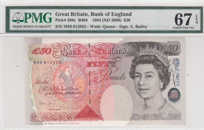 Great Britain, 50 Pounds, 2006, UNC,p388c
PMG 67 EPQ, Sign: Balley
Serial Numb...