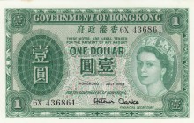 Hong Kong, 1 Dollar, 1959, UNC,p324Ab
Portrait of Queen Elizabeth II
Serial Number: 6X 436861
Estimate: 40 - 80 USD