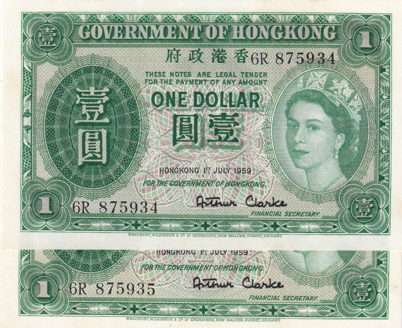 Hong Kong, 1 Dollar, 1959, UNC,p324Ab, (Total 2 consecutive banknotes)

Serial...