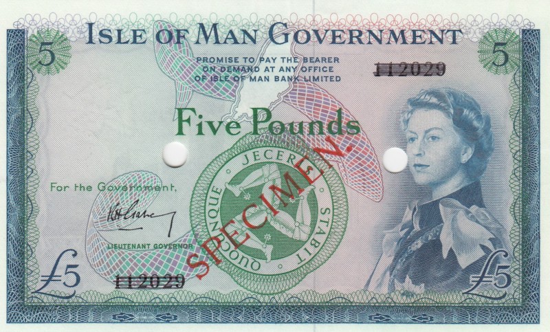 Isle of Man, 5 Pounds, 1961, UNC,p26s2, SPECİMEN
Only 500 Issued, Sign: Garvey...