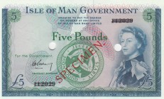 Isle of Man, 5 Pounds, 1961, UNC,p26s2, SPECİMEN
Only 500 Issued, Sign: Garvey

Estimate: 1000 - 2000 USD