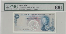 Isle of Man, 50 Pence, 1969, UNC,p27
PMG 66 EPQ, Portrait of Queen Elizabeth II
Serial Number: 189148
Estimate: 50 - 100 USD