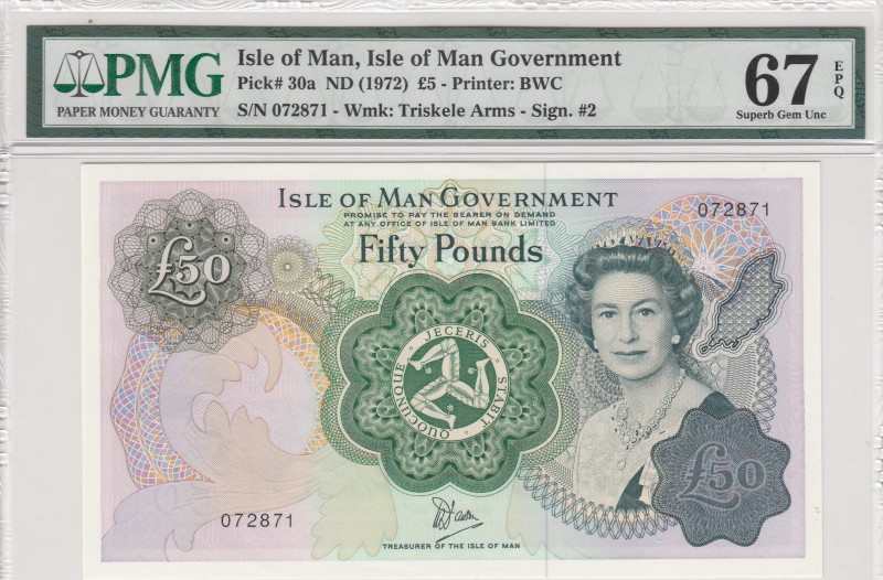 Isle of Man, 50 Pounds, 1972, UNC,p30a
PMG 67 EPQ
Serial Number: 072871
Estim...