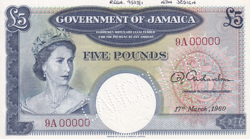 Jamaica, 5 Pounds, 1960, UNC,p43s, SPECİMEN

Serial Number: 9A 000000
Estimat...