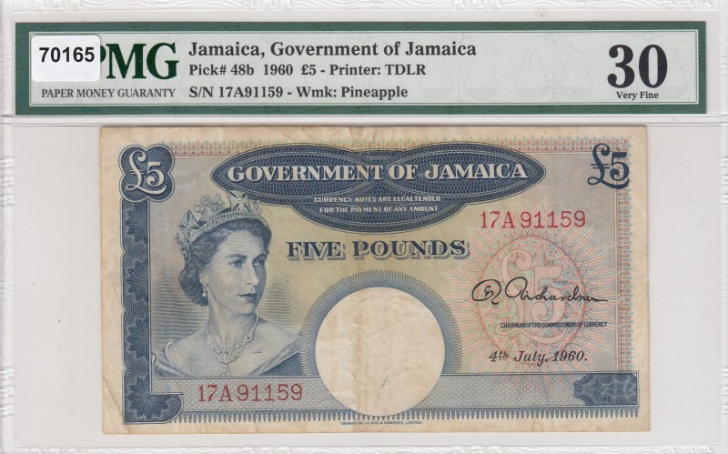 Jamaica, 5 Pounds, 1960, VF,p48b
PMG 30, Portrait of Queen Elizabeth II
Serial...