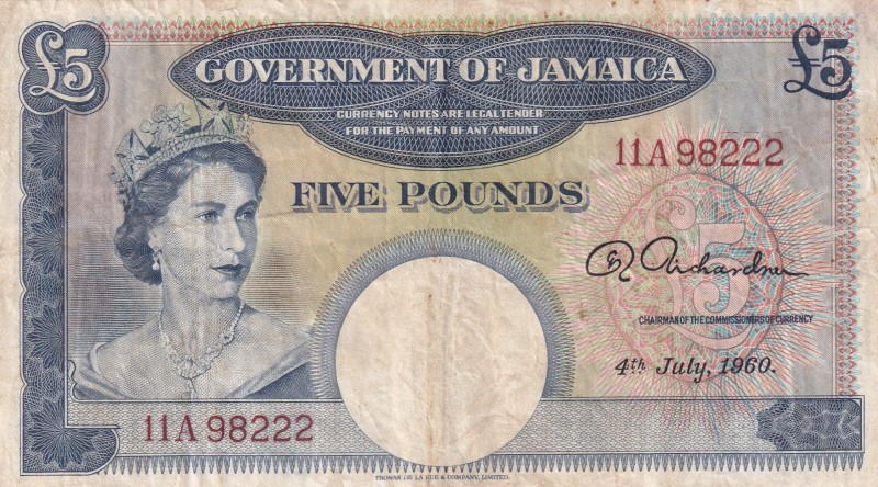 Jamaica, 5 Pounds, 1960, FINE,p48b

Serial Number: 11A 98222
Estimate: 1000 -...