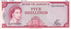 Jamaica, 5 Shillings, 1964, UNC,p51Abs, SPECİMEN
Sign: Stanley W. Payton
Serial Number: EJ 000000
Estimate: 300 - 600 USD