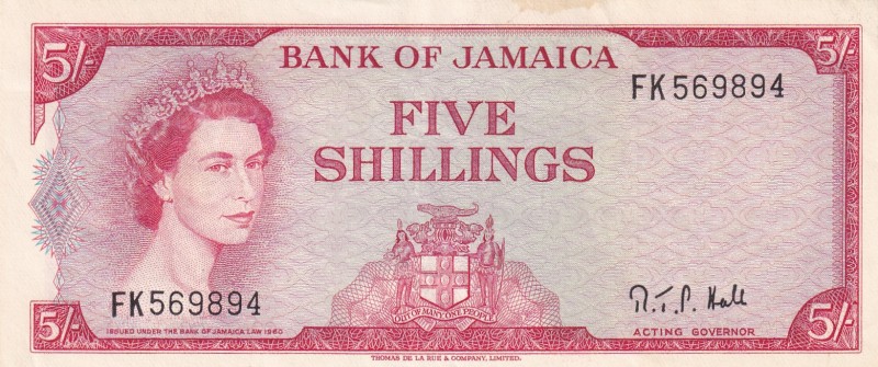 Jamaica, 5 Shillings, 1964, UNC,p51Ac
Sign: Richard T. P. Hall
Serial Number: ...