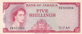 Jamaica, 5 Shillings, 1964, UNC,p51Ac
Sign: Richard T. P. Hall
Serial Number: FK 569894
Estimate: 50 - 100 USD