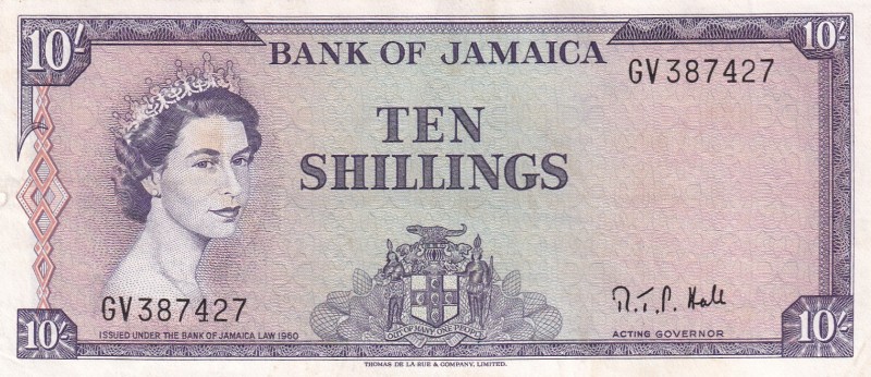 Jamaica, 10 Shillings, 1964, UNC,p51Bc
Sign: Richard T. P. Hall
Serial Number:...