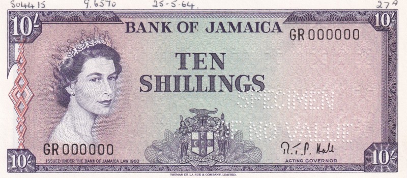 Jamaica, 10 Shillings, 1964, UNC,p51Bcs, SPECİMEN
Sign: Richard T. P. Hall
Ser...