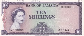 Jamaica, 10 Shillings, 1964, UNC,p51Bcs, SPECİMEN
Sign: Richard T. P. Hall
Serial Number: GR 000000
Estimate: 350 - 700 USD