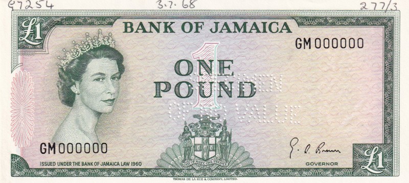 Jamaica, 1 Pound, 1964, UNC,p51Ces, SPECİMEN
Sign G. Arthur Brown
Serial Numbe...