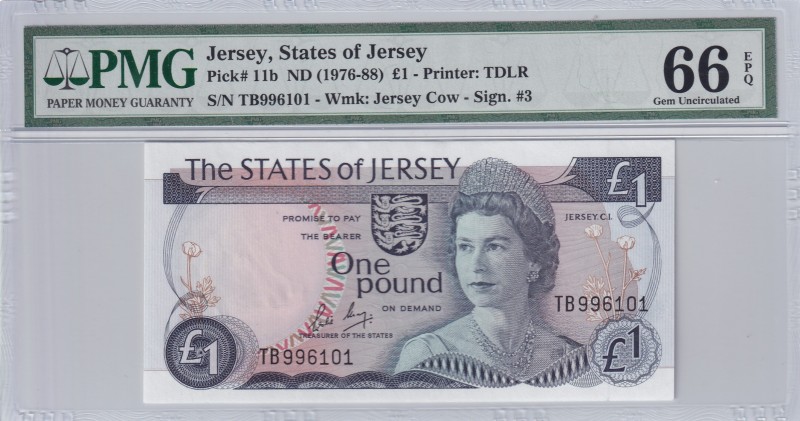 Jersey, 1 Pound, 1976, UNC,p11b
PMG 66 EPQ
Serial Number: TB 996101
Estimate:...