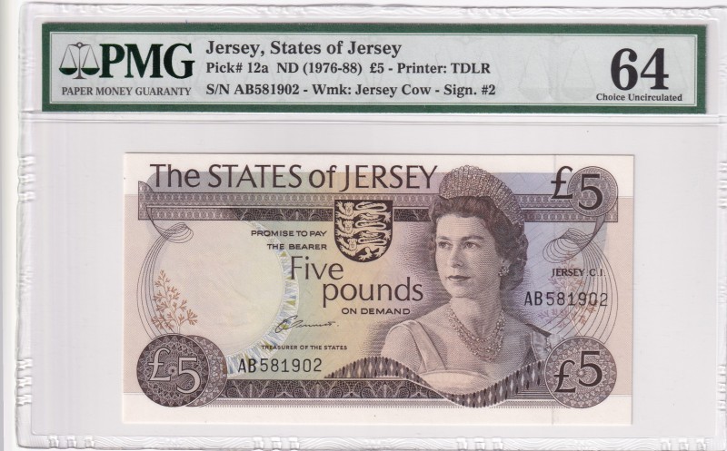 Jersey, 5 Pounds, 1976, UNC,p12a
PMG 64
Serial Number: AB 581902
Estimate: 12...