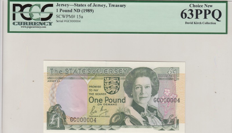 Jersey, 1 Pound, 1989, UNC,p15a, Very low serial number
PCGS 63 PPQ
Serial Num...