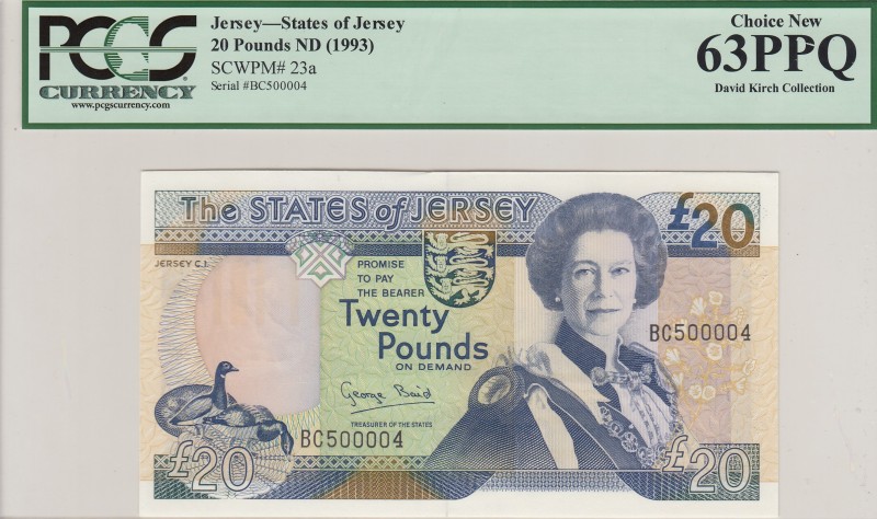 Jersey, 20 Pounds, 1993, UNC,p23a
Low serial number, PCGS 63 PPQ
Serial Number...