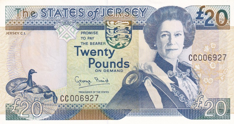 Jersey, 20 Pounds , 1993, UNC,p23a
Sign: Baird
Serial Number: CC 006927
Estim...